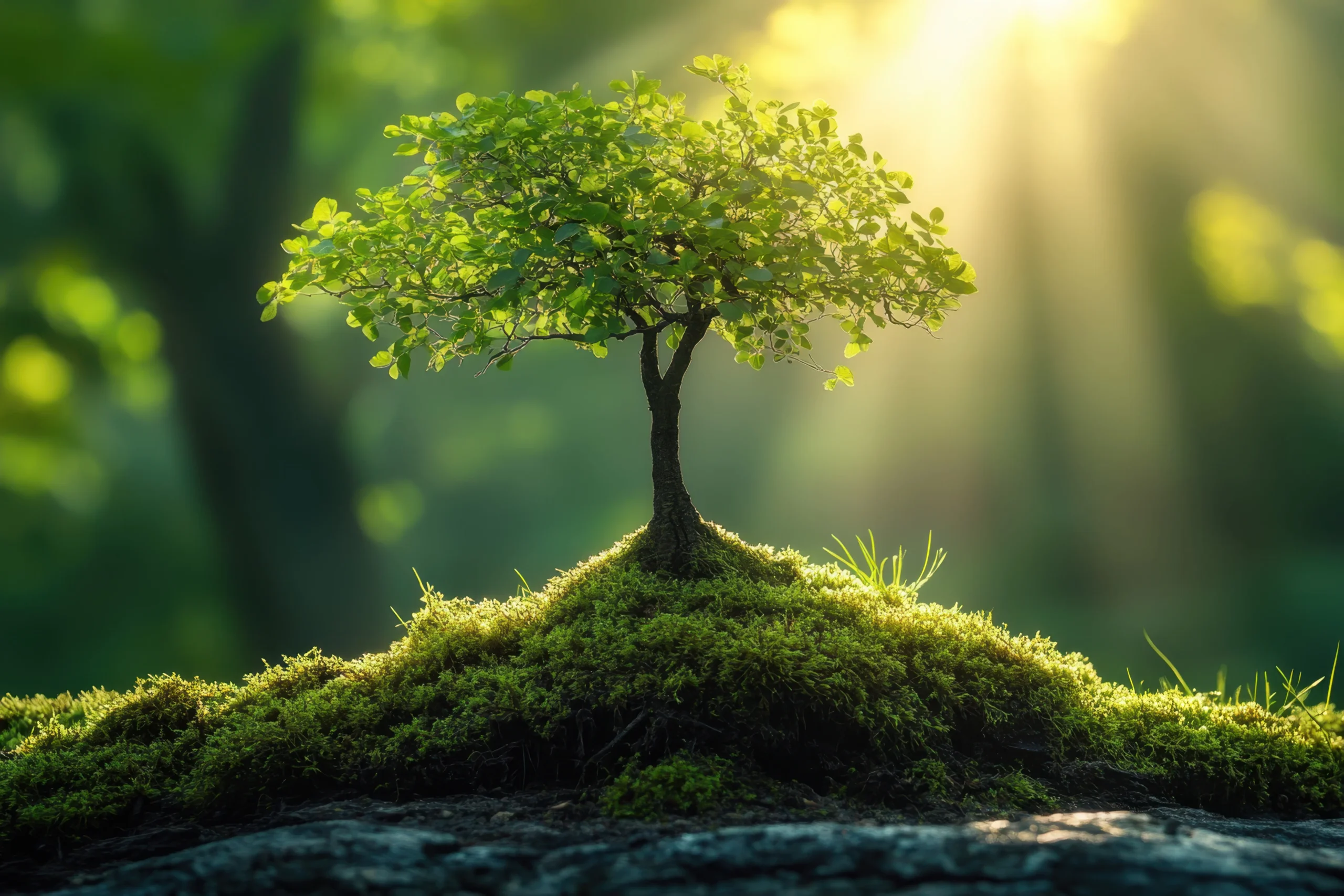Bright sunlight illuminates a small tree growing on a mossy rock in a peaceful forest environment.
